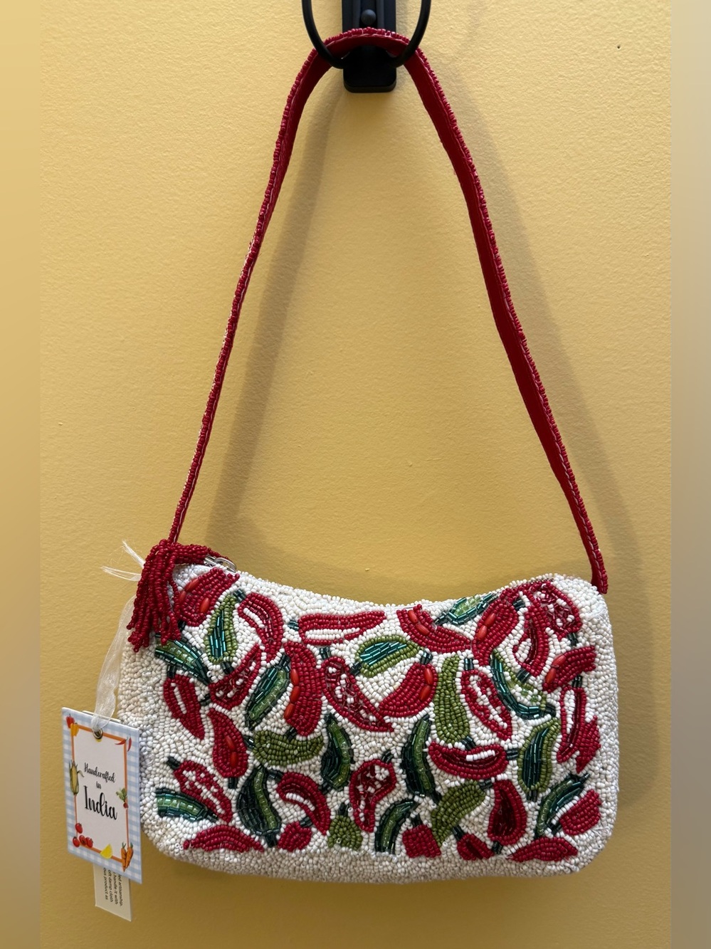 Hand Beaded red & green Chili Peppers white Shoulder Bag NWT Tik Tok Viral